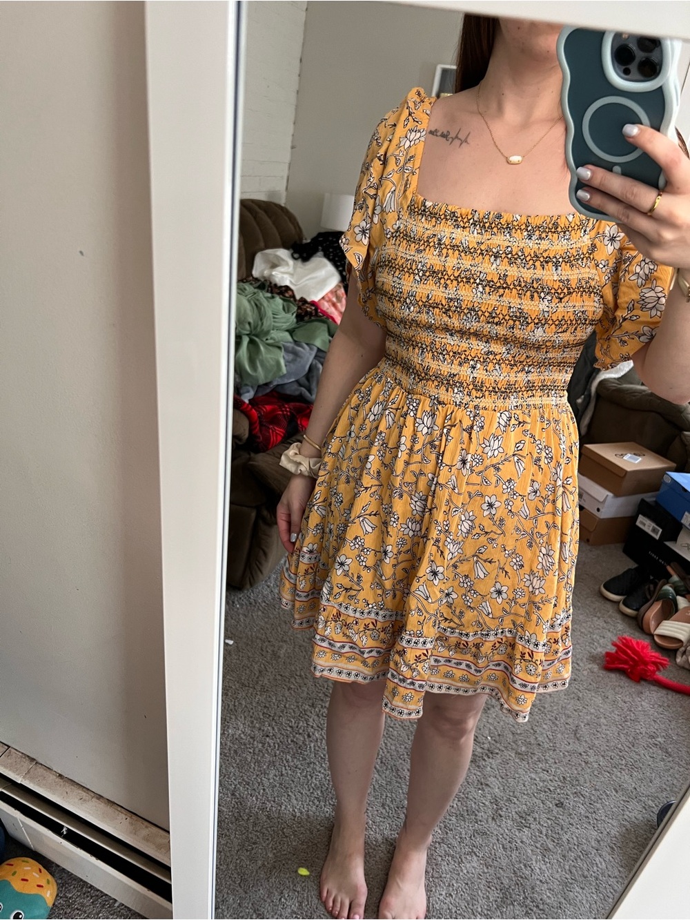Yellow Floral Short-Sleeve Mini Dress